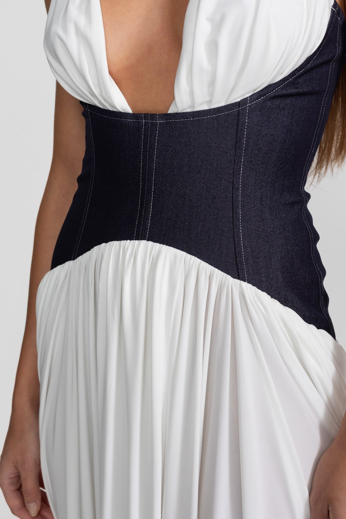 Halter Plunge Neck Draped Maxi Dress with Denim Corset Waist – White – view 5