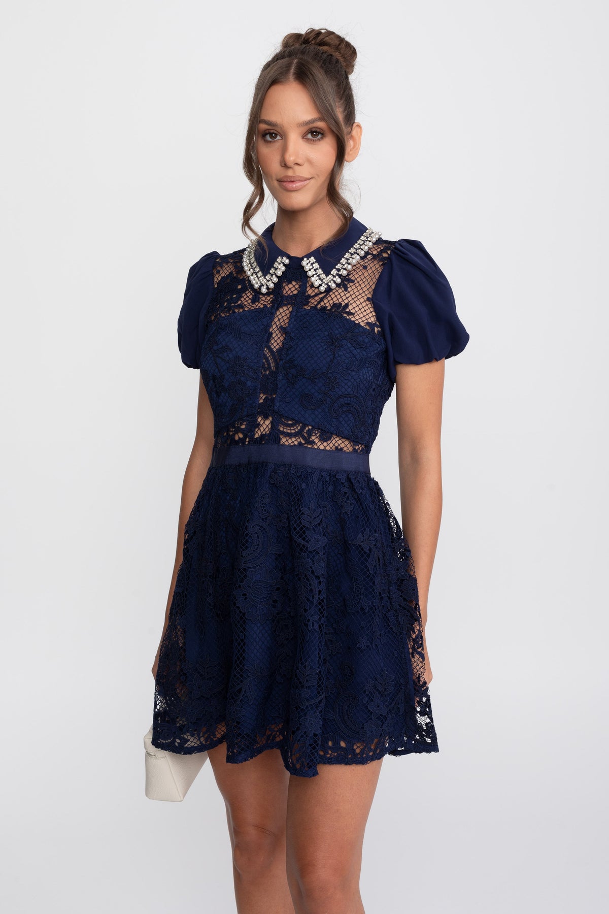 Floral Lace Puff Sleeve Mini Dress with Pearl Embellished Collar – Navy – view 3