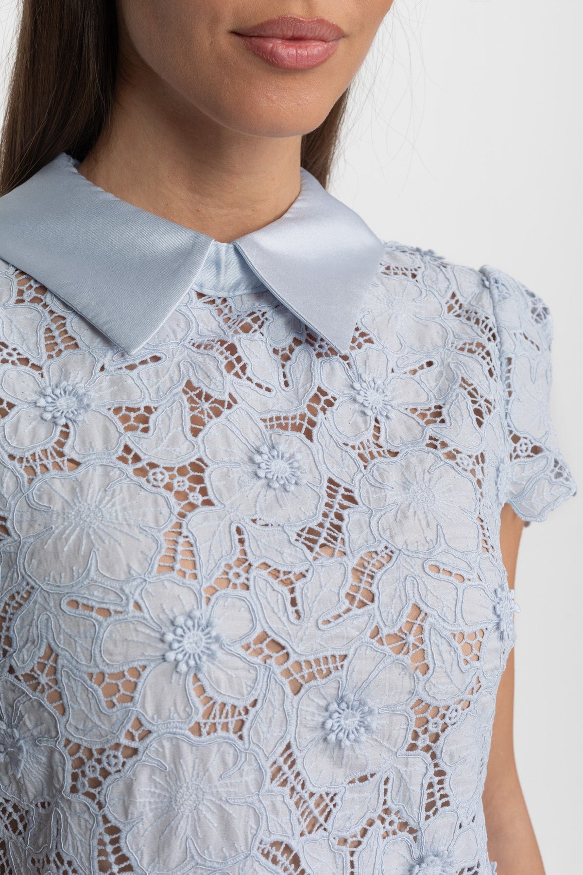 Floral Lace Satin Peter Pan Collar Fitted Mini Dress – Light Blue – view 4