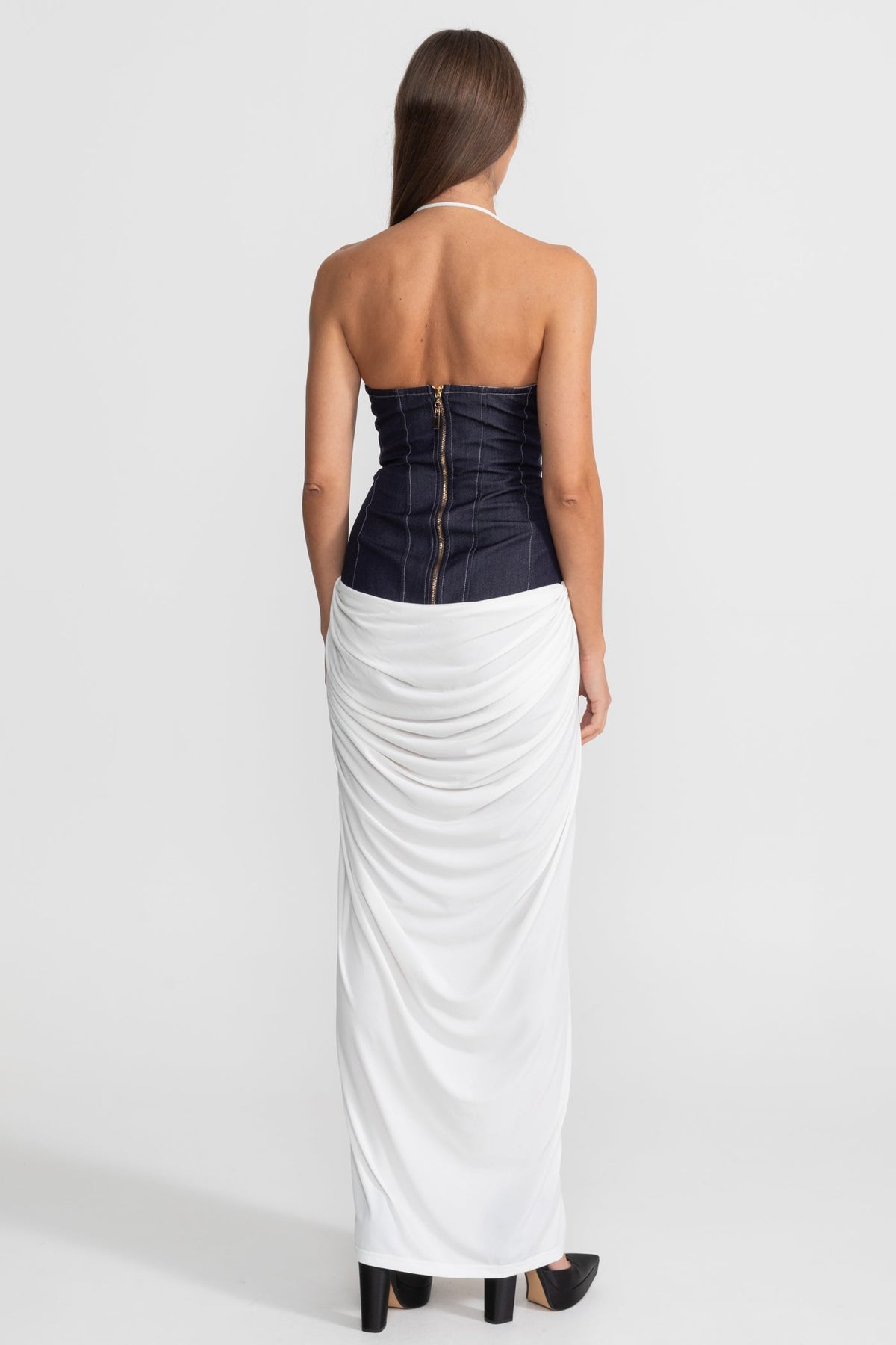 Halter Plunge Neck Draped Maxi Dress with Denim Corset Waist – White – view 2