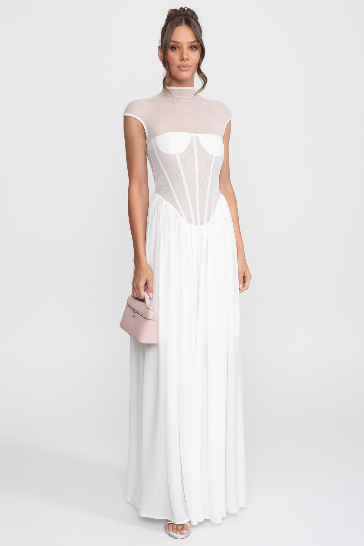 Sheer Mesh Mock Neck Corset Maxi Dress with Cap Sleeves – White – view 2