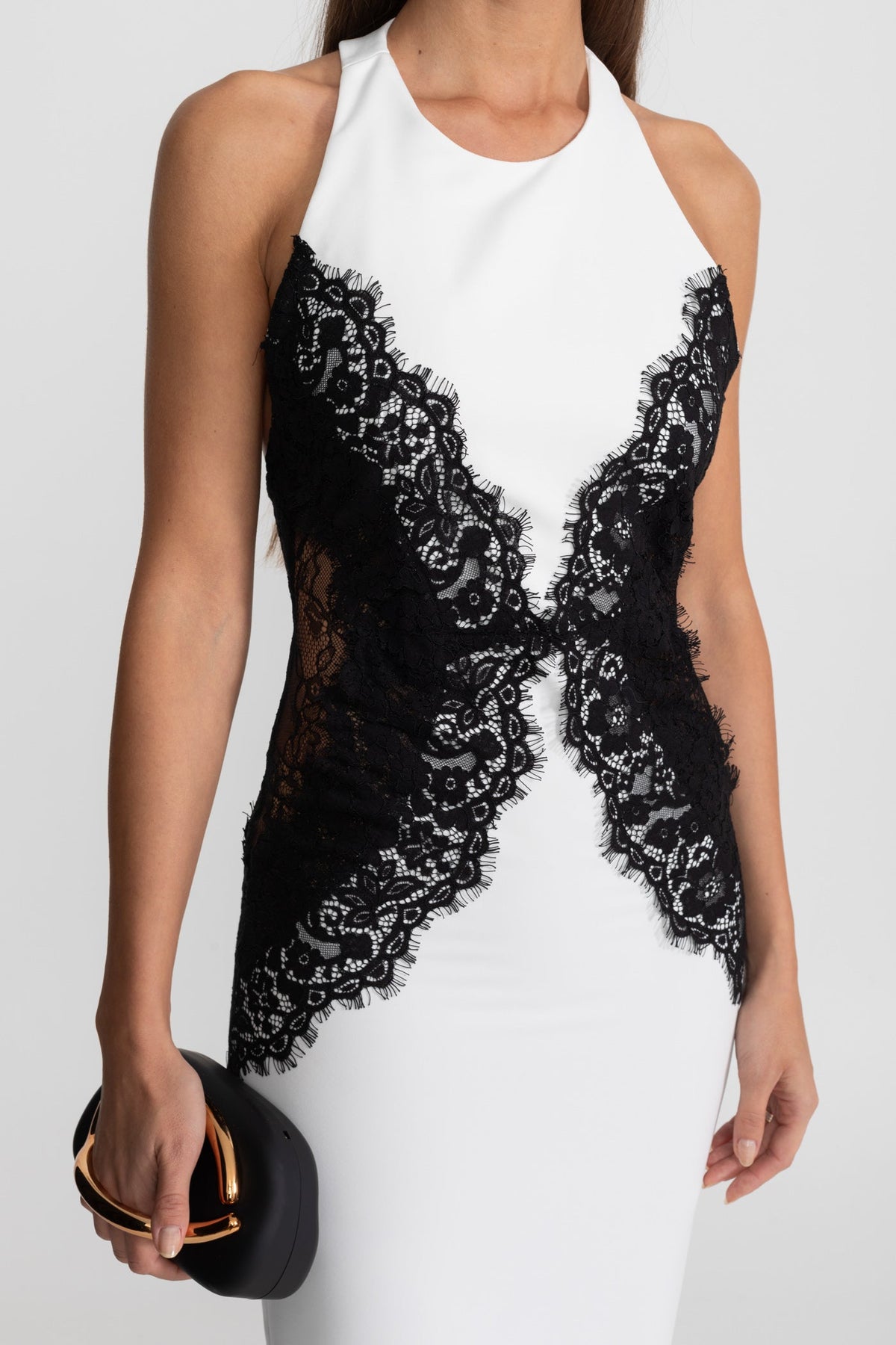 Halter Plunge Neck Maxi Dress with Black Lace Appliqués – White – view 5