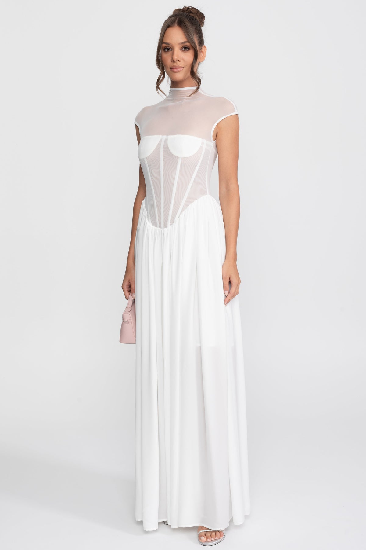 Sheer Mesh Mock Neck Corset Maxi Dress with Cap Sleeves – White – view 3