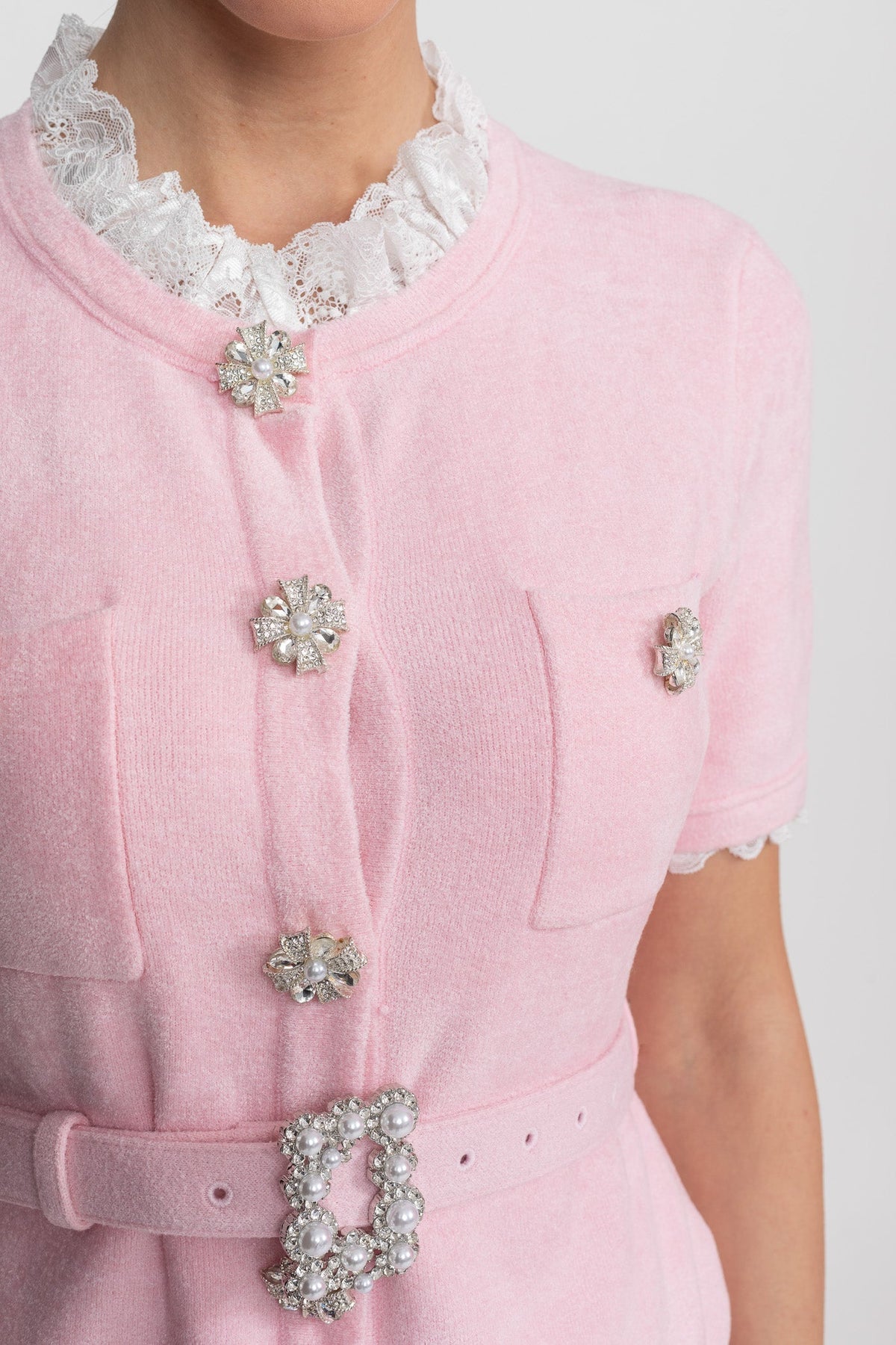 Peplum Knit Top and Fluted Midi Skirt Set with Crystal Belt – Blush Pink – view 7