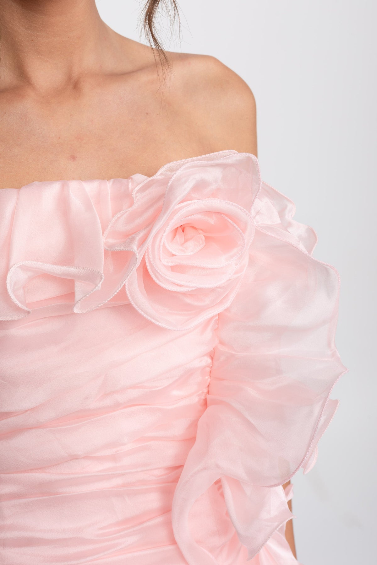 Strapless Satin Rosette Dress with Petal Hem and Front Slit – Pink – view 4