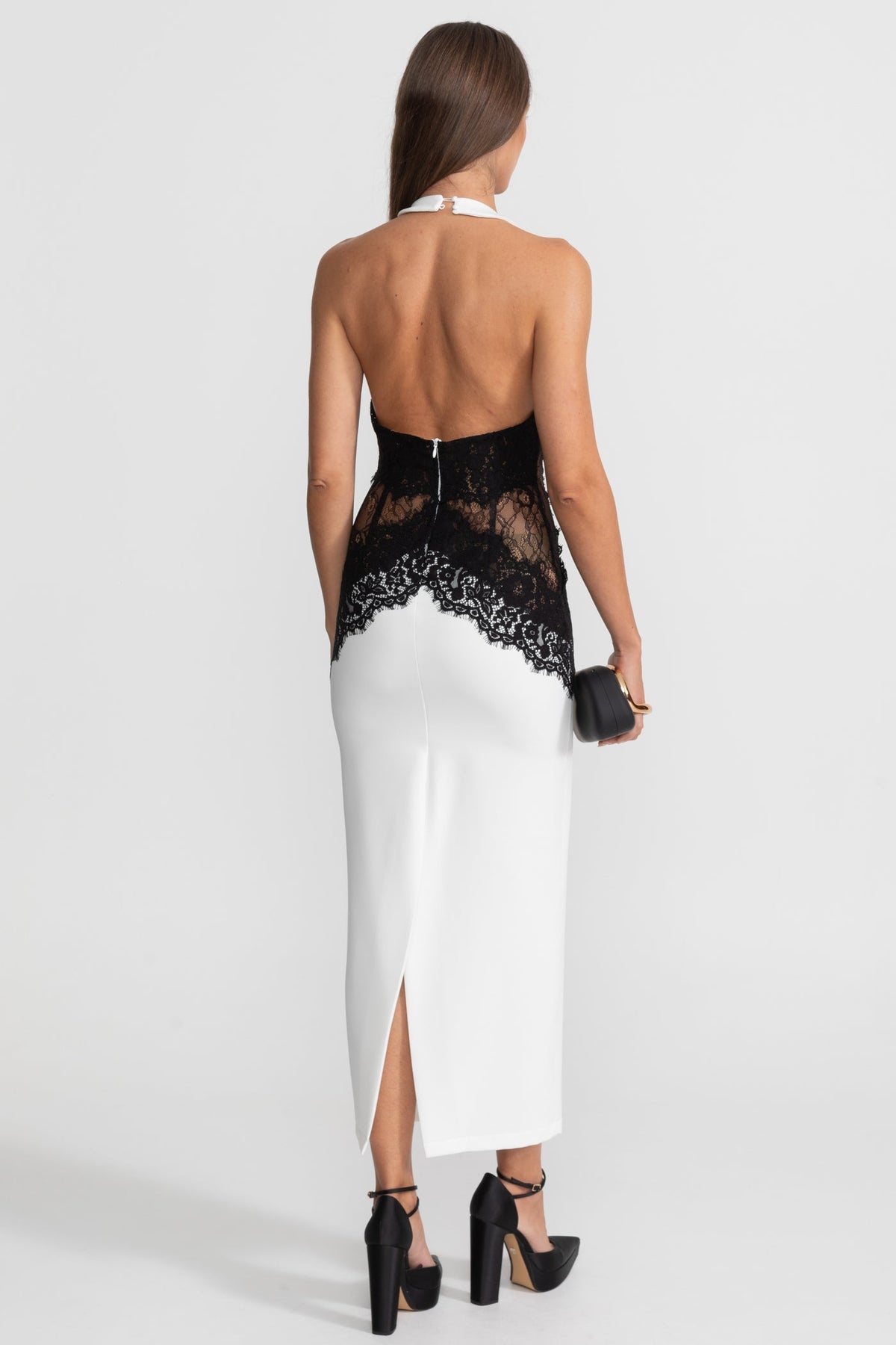 Halter Plunge Neck Maxi Dress with Black Lace Appliqués – White – view 4