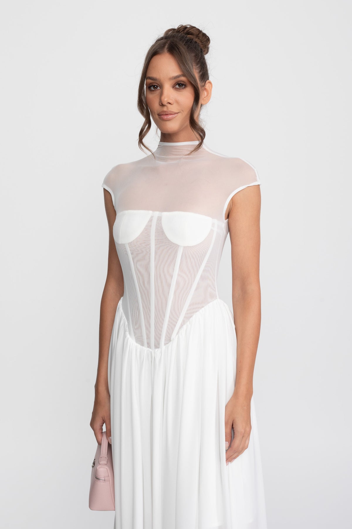 Sheer Mesh Mock Neck Corset Maxi Dress with Cap Sleeves – White – view 4