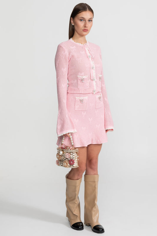 Bow Pattern Knit Mini Skirt Co-ord Set with Pearl Buttons – Baby Pink – view 2