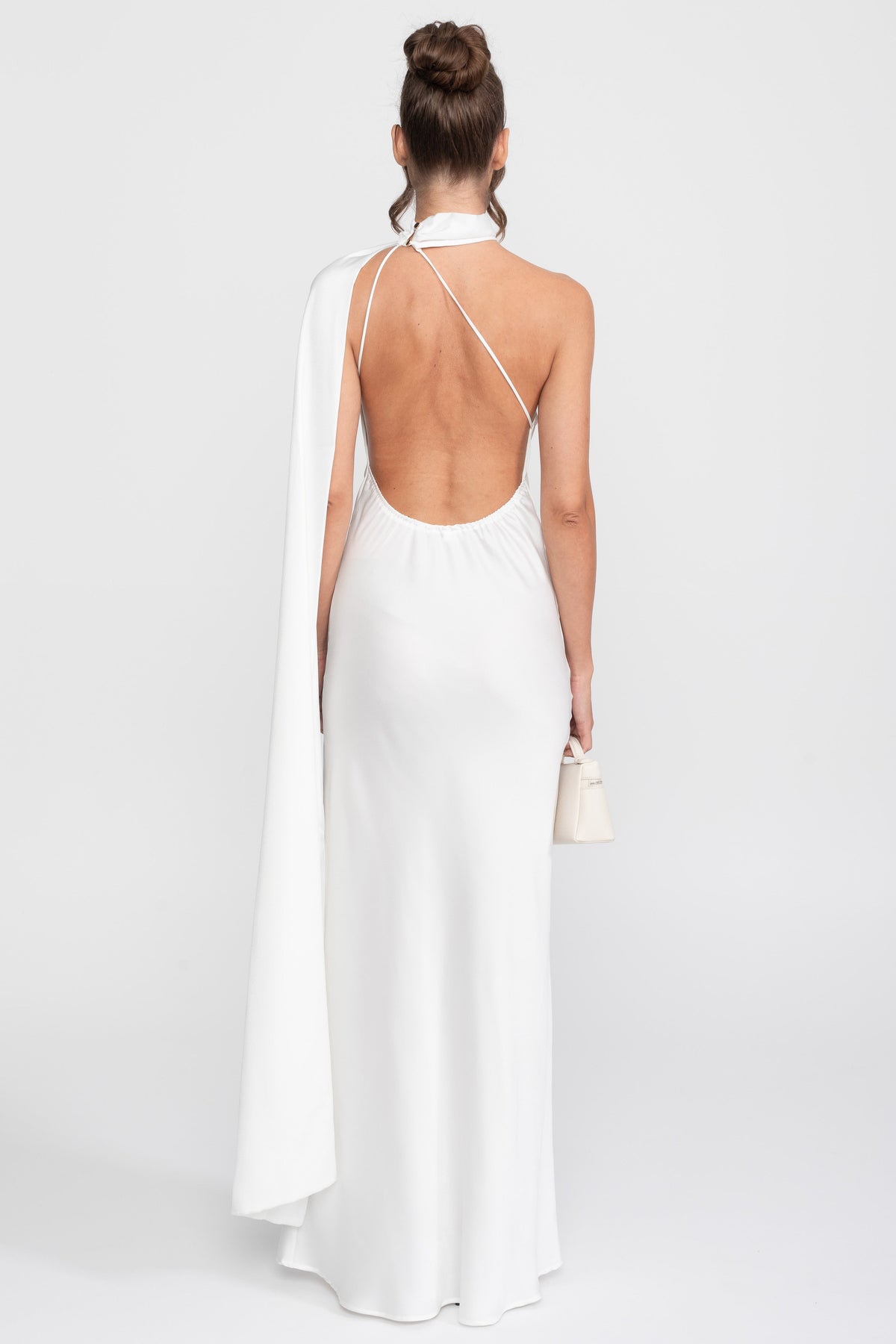 Twist Halter Satin Slip Dress with Asymmetric Neckline – White – view 4