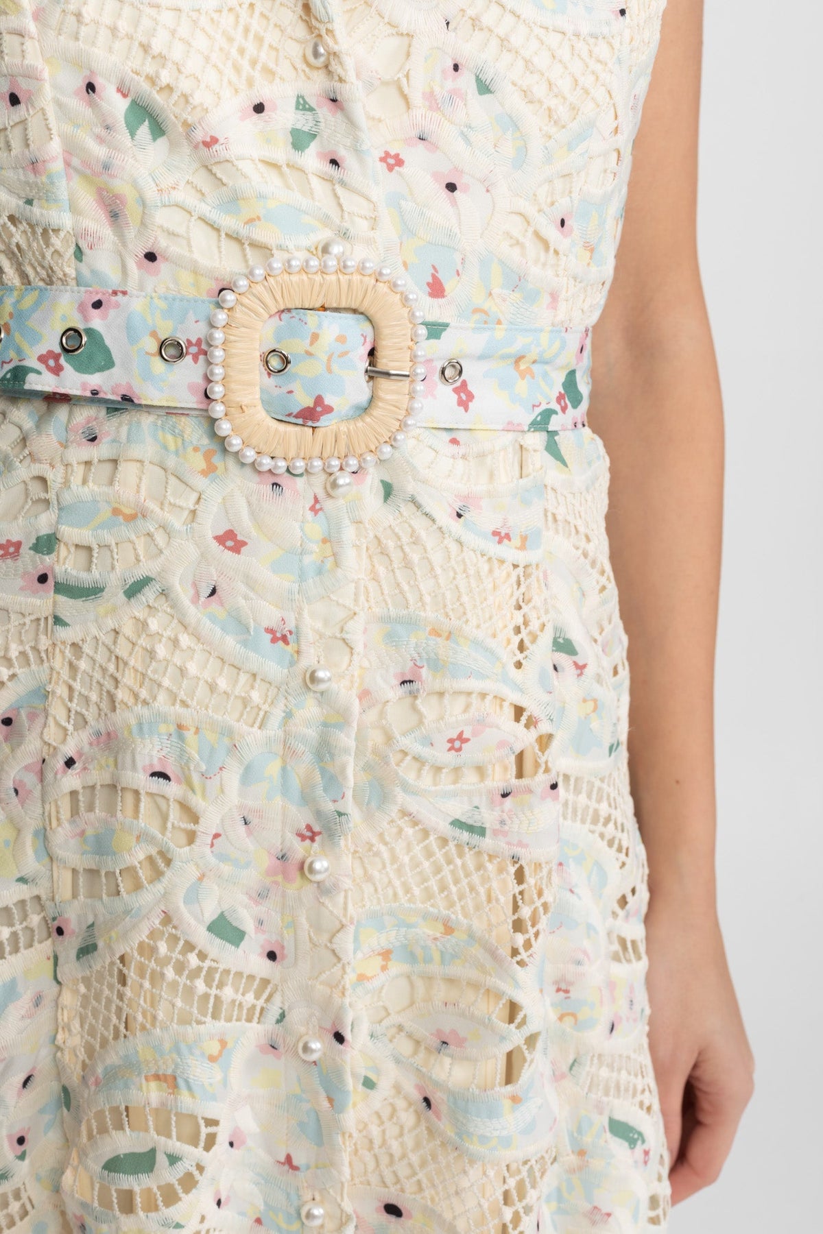 Embroidered Lace Halter V-Neck Belted Midi Dress – Ivory – view 7