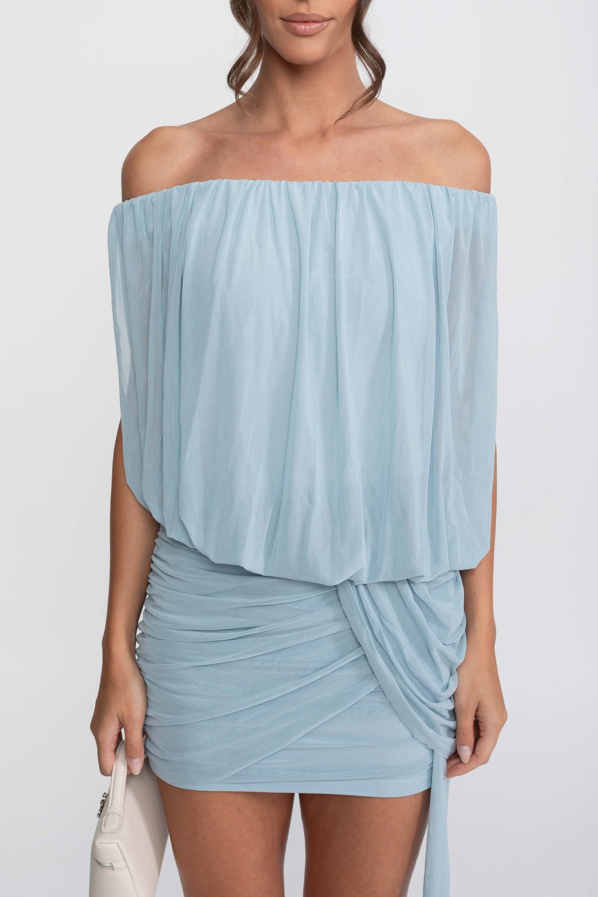 Off-Shoulder Chiffon Ruched Wrap Mini Dress with Tie Waist – Light Blue – view 5