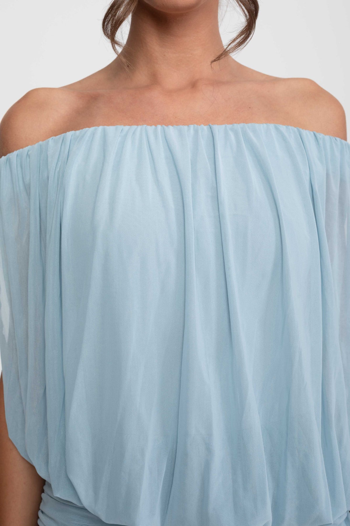 Off-Shoulder Chiffon Ruched Wrap Mini Dress with Tie Waist – Light Blue – view 7