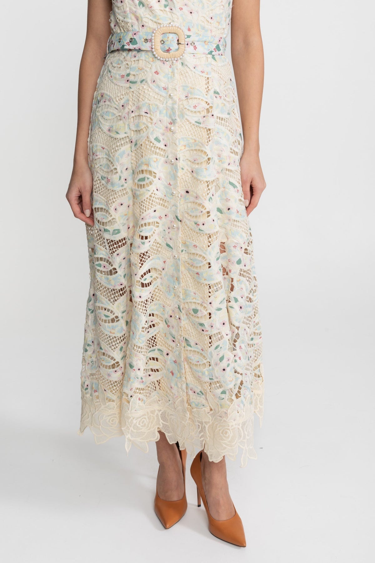 Embroidered Lace Halter V-Neck Belted Midi Dress – Ivory – view 8