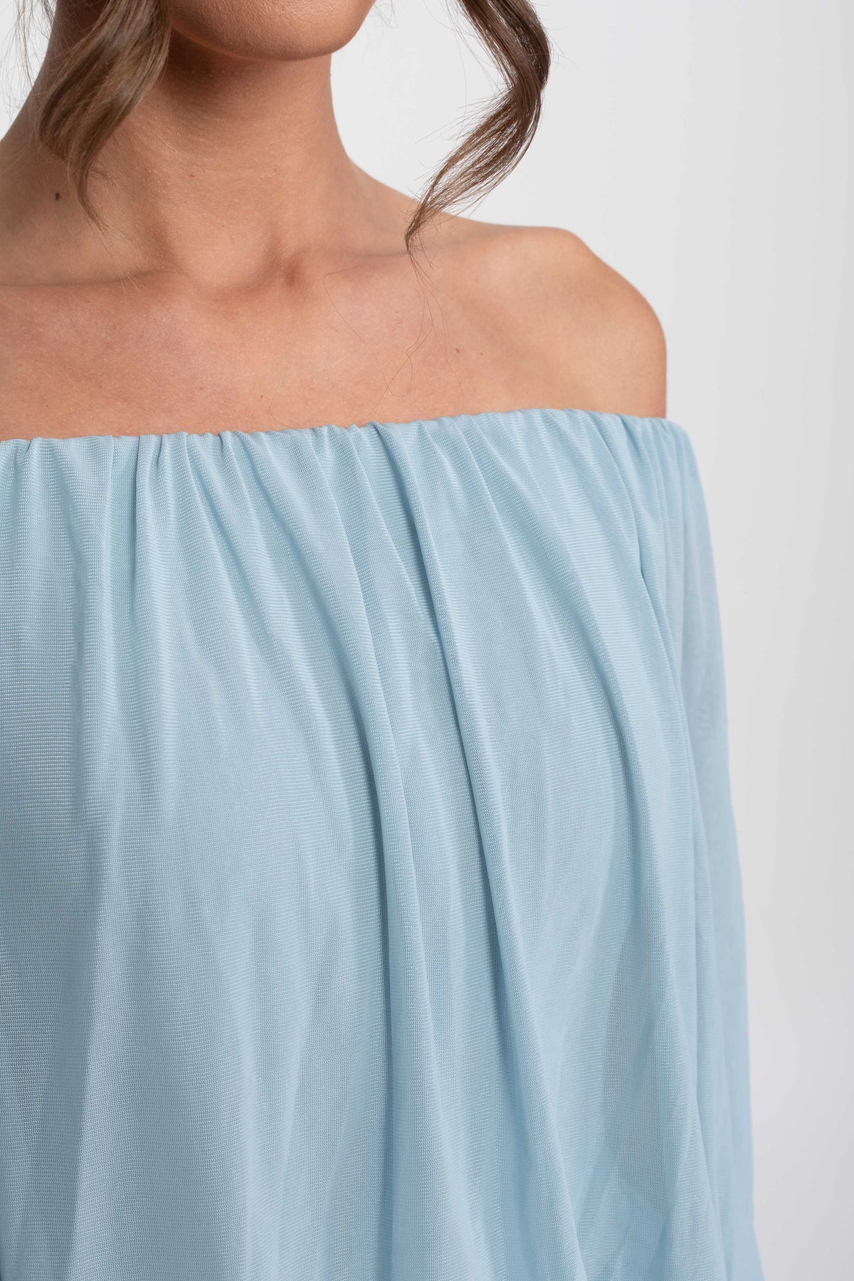 Off-Shoulder Chiffon Ruched Wrap Mini Dress with Tie Waist – Light Blue – view 8