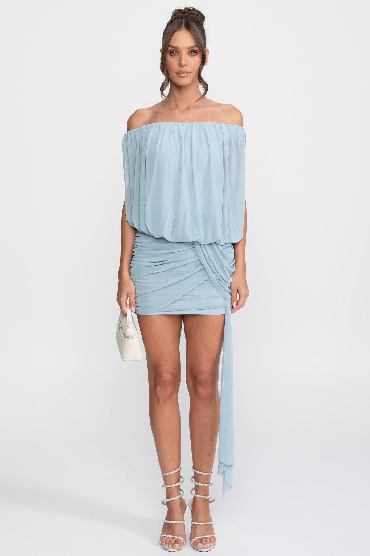 Off-Shoulder Chiffon Ruched Wrap Mini Dress with Tie Waist – Light Blue – view 1