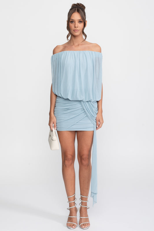 Off-Shoulder Chiffon Ruched Wrap Mini Dress with Tie Waist – Light Blue