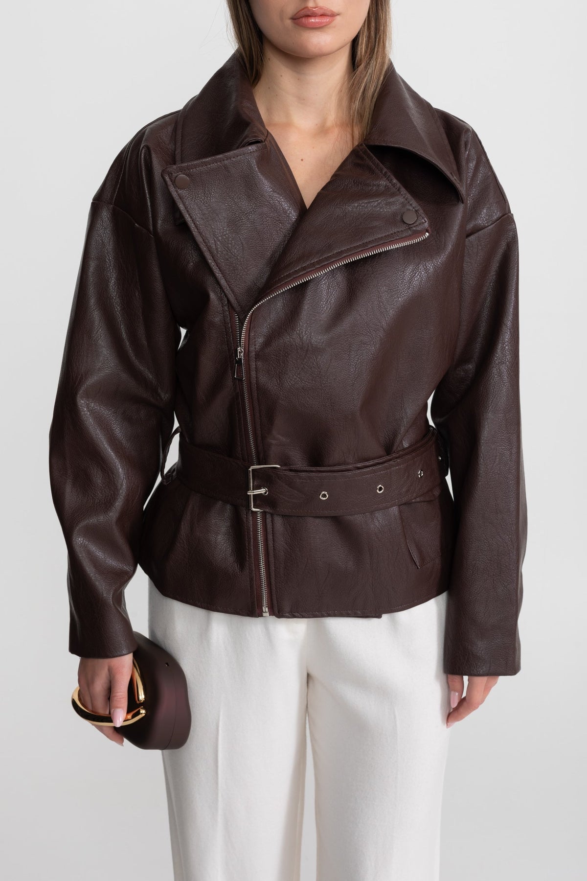 Belted Biker Jacket with Wide Notched Lapels – Chocolate Brown – view 4