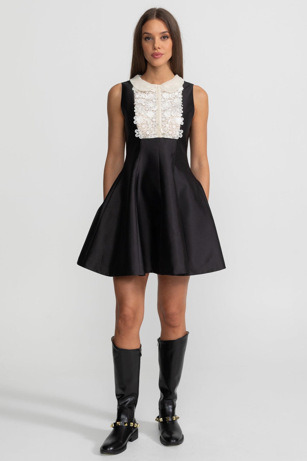 Peter Pan Collar A-Line Mini Dress with Lace Bib – Black – view 3