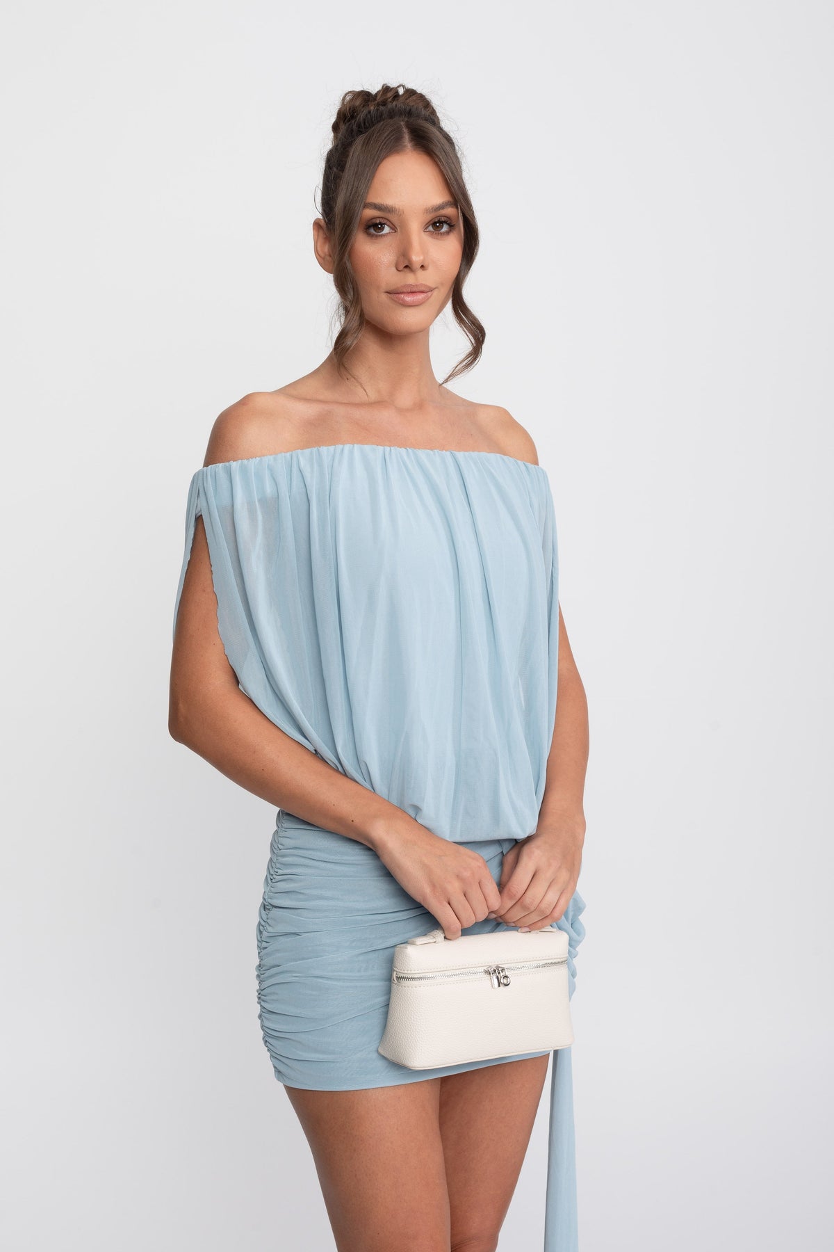 Off-Shoulder Chiffon Ruched Wrap Mini Dress with Tie Waist – Light Blue – view 4