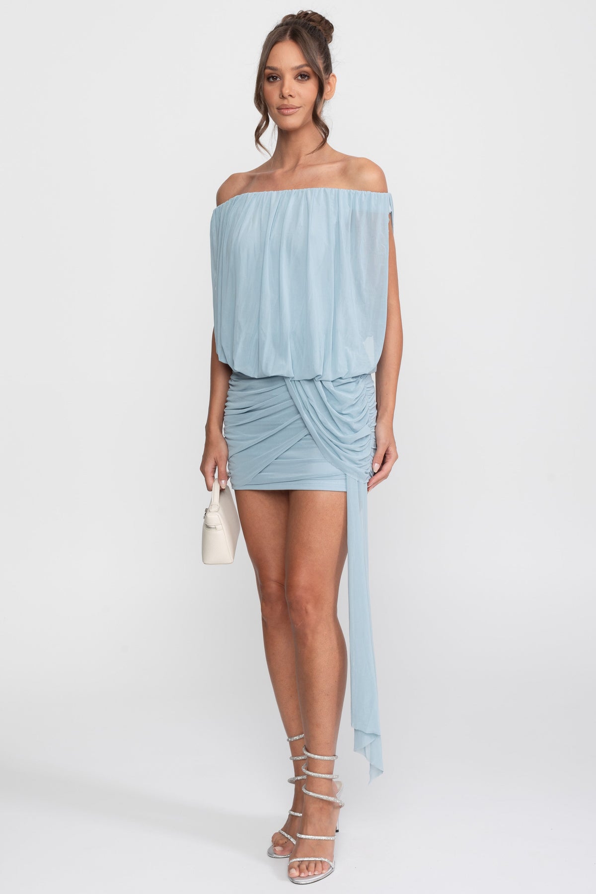 Off-Shoulder Chiffon Ruched Wrap Mini Dress with Tie Waist – Light Blue – view 3
