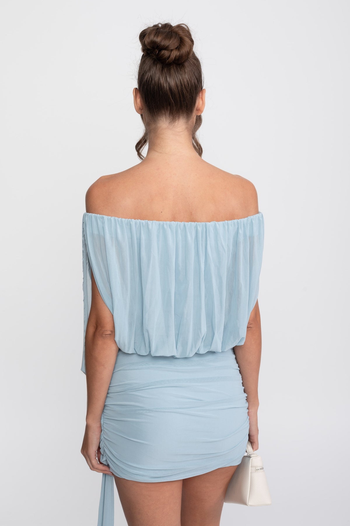 Off-Shoulder Chiffon Ruched Wrap Mini Dress with Tie Waist – Light Blue – view 11