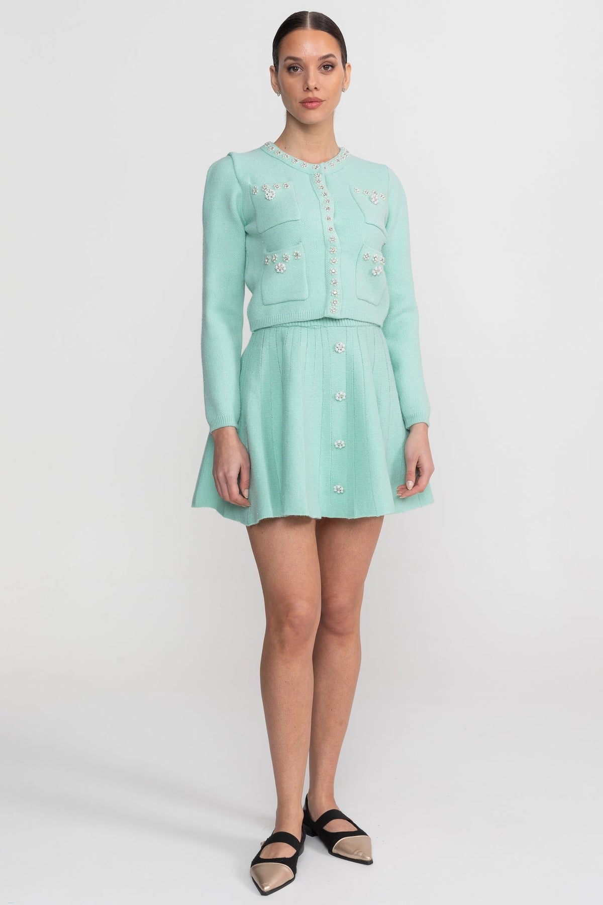 Crystal Embellished Knit Cardigan and Pleated Mini Skirt Set – Teal – view 3