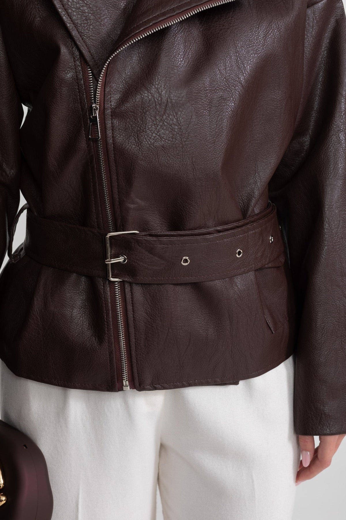 Belted Biker Jacket with Wide Notched Lapels – Chocolate Brown