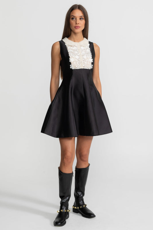 Peter Pan Collar A-Line Mini Dress with Lace Bib – Black