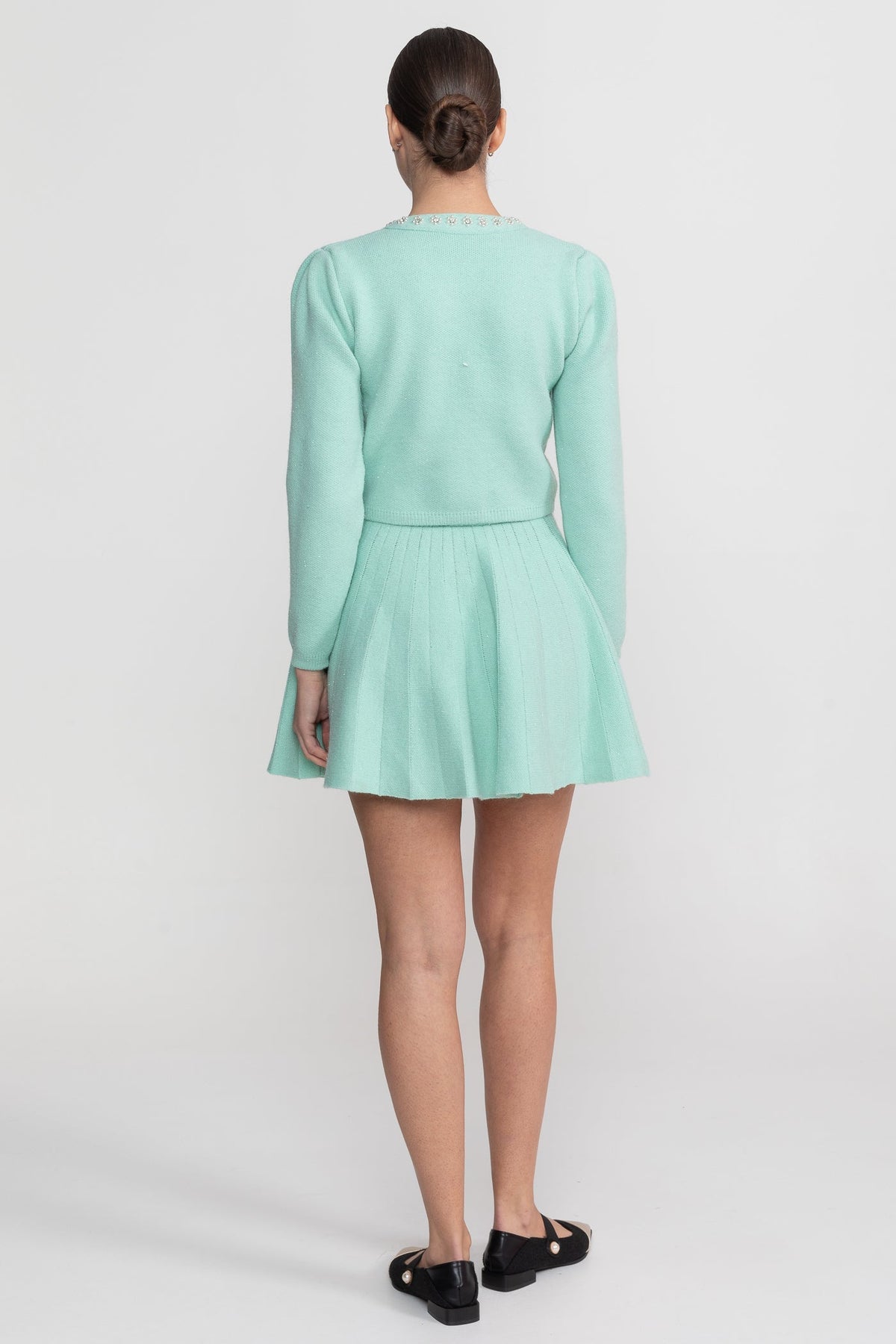 Crystal Embellished Knit Cardigan and Pleated Mini Skirt Set – Teal – view 5