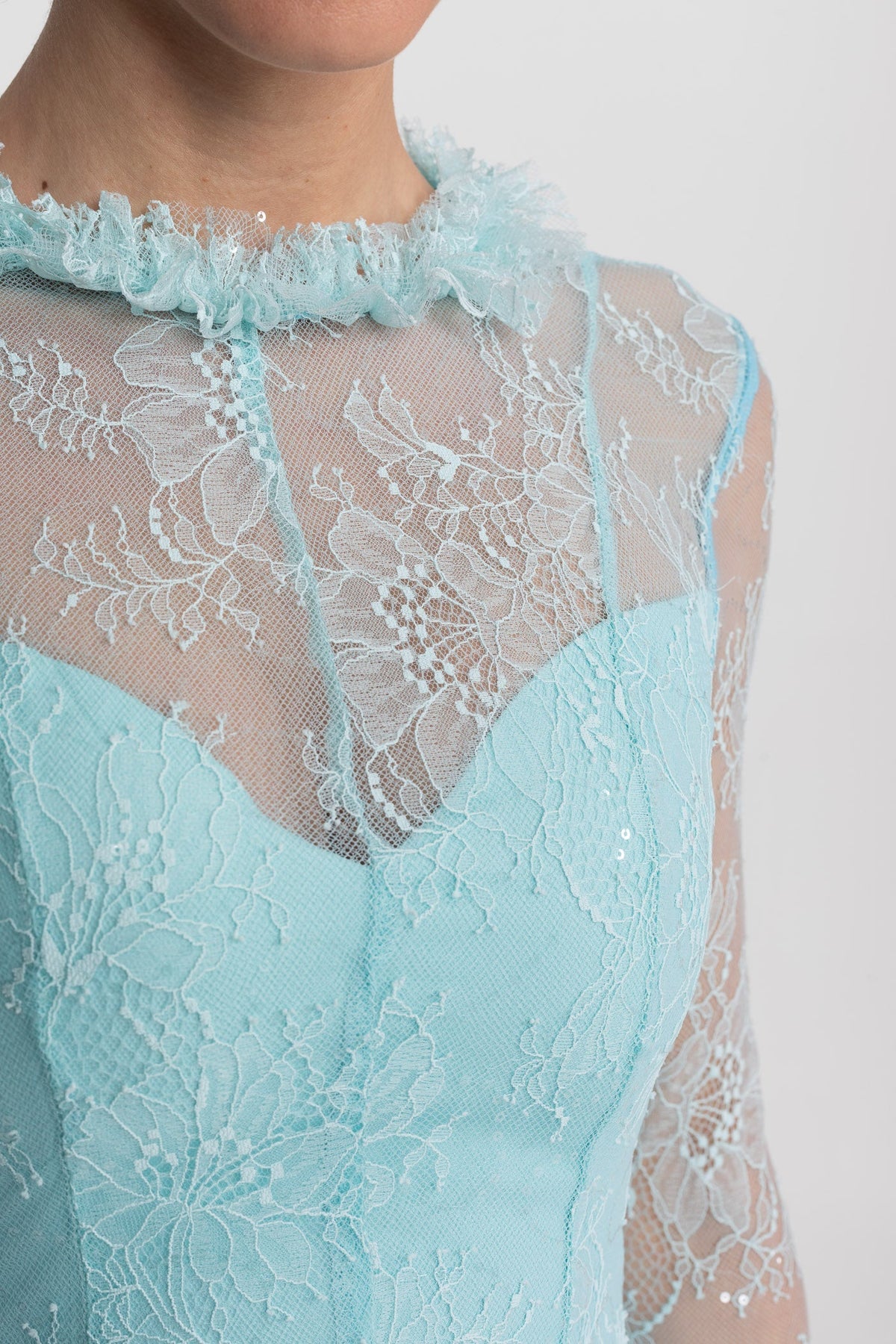 Sheer Lace High Neck Long Sleeve Mini Dress with Ruffled Hem – Teal – view 4