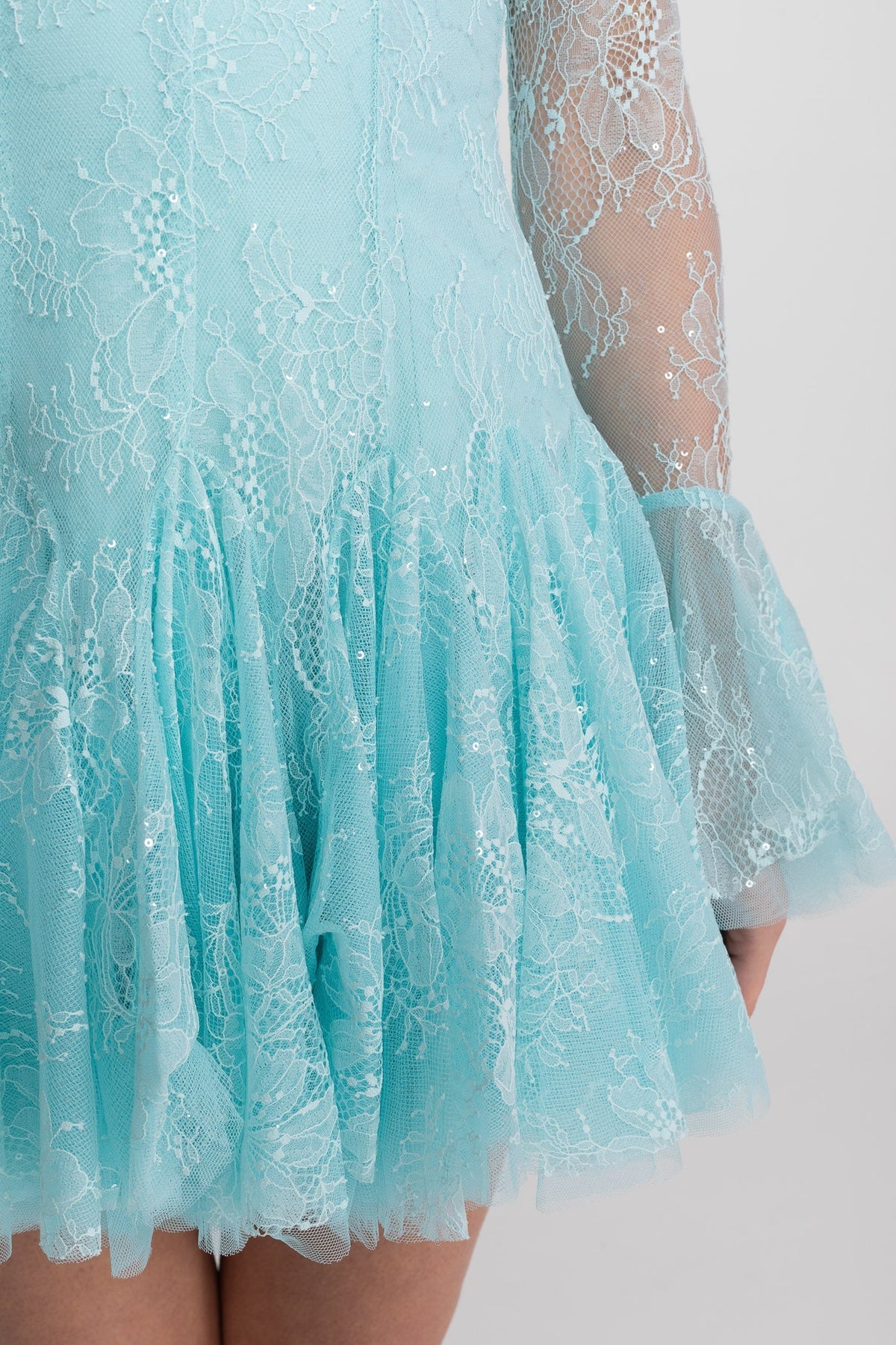 Sheer Lace High Neck Long Sleeve Mini Dress with Ruffled Hem – Teal – view 5