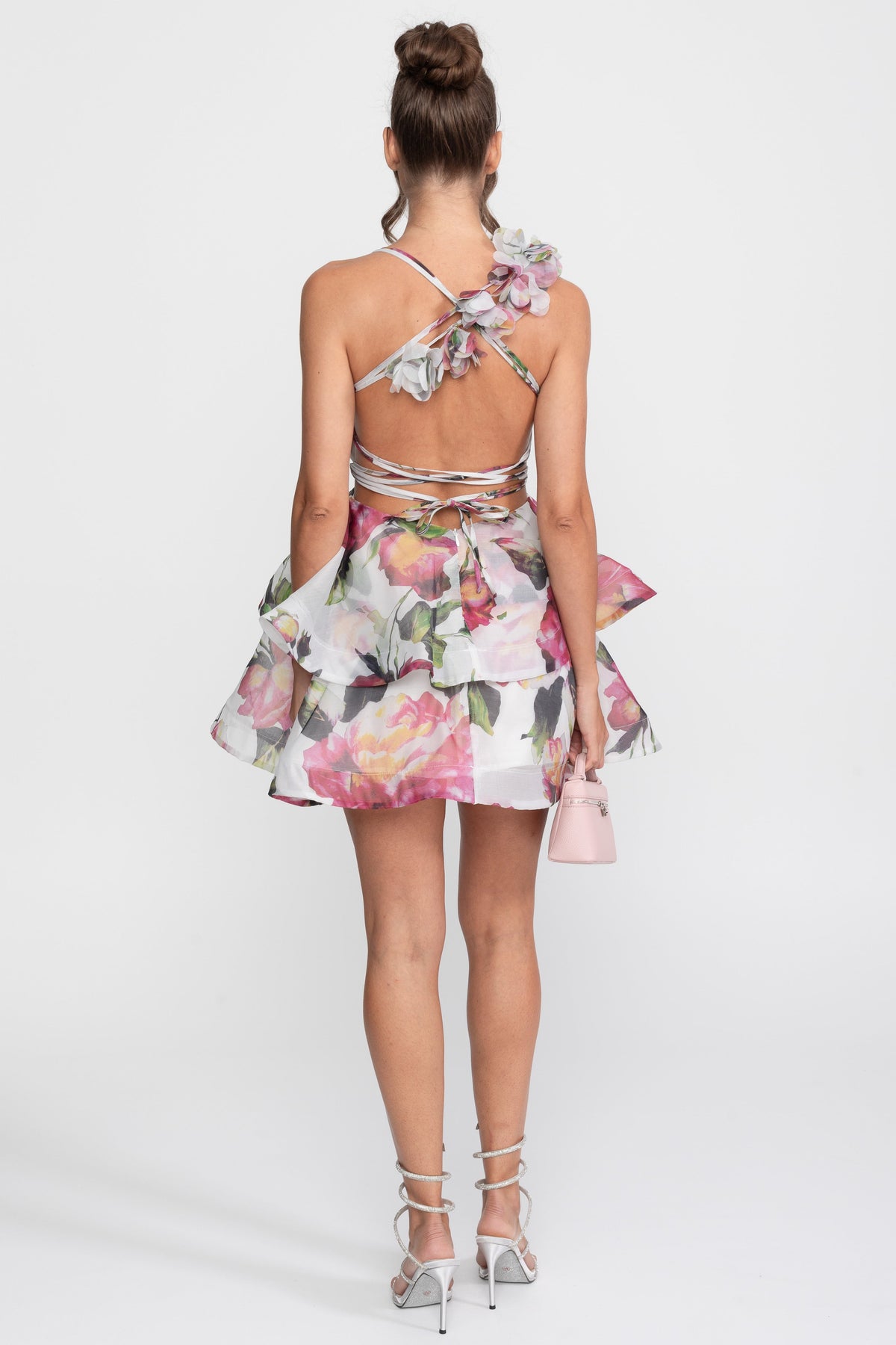 Floral Print Halter Neck Tiered Mini Dress with Rosette Strap – White – view 5