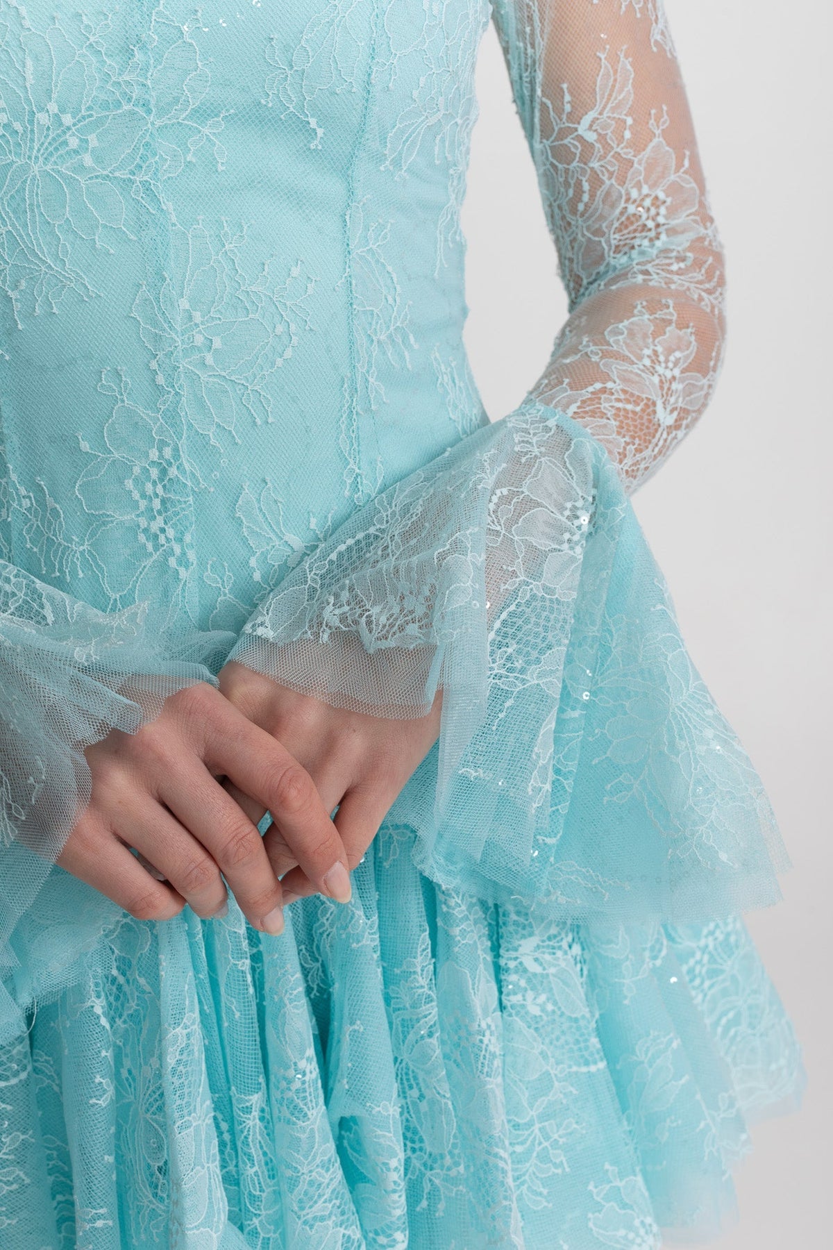 Sheer Lace High Neck Long Sleeve Mini Dress with Ruffled Hem – Teal – view 6