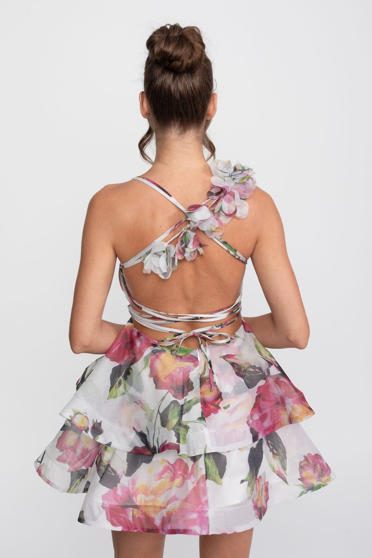 Floral Print Halter Neck Tiered Mini Dress with Rosette Strap – White – view 4