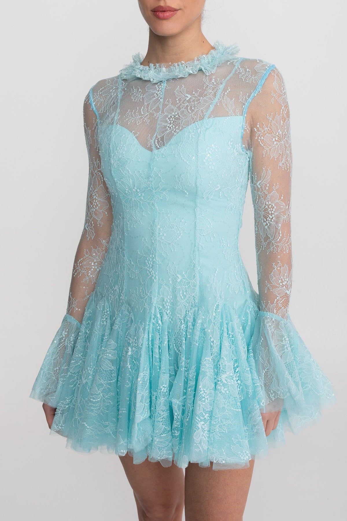 Sheer Lace High Neck Long Sleeve Mini Dress with Ruffled Hem – Teal – view 7