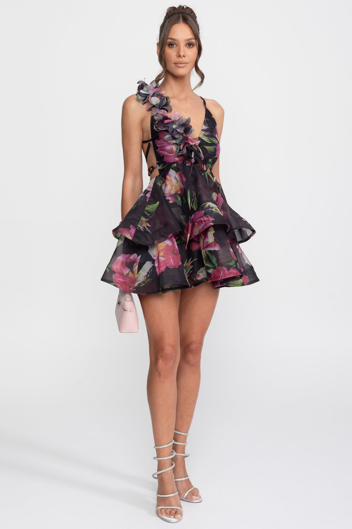 Floral Print Halter Neck Tiered Mini Dress with Rosette Strap – Black – view 3