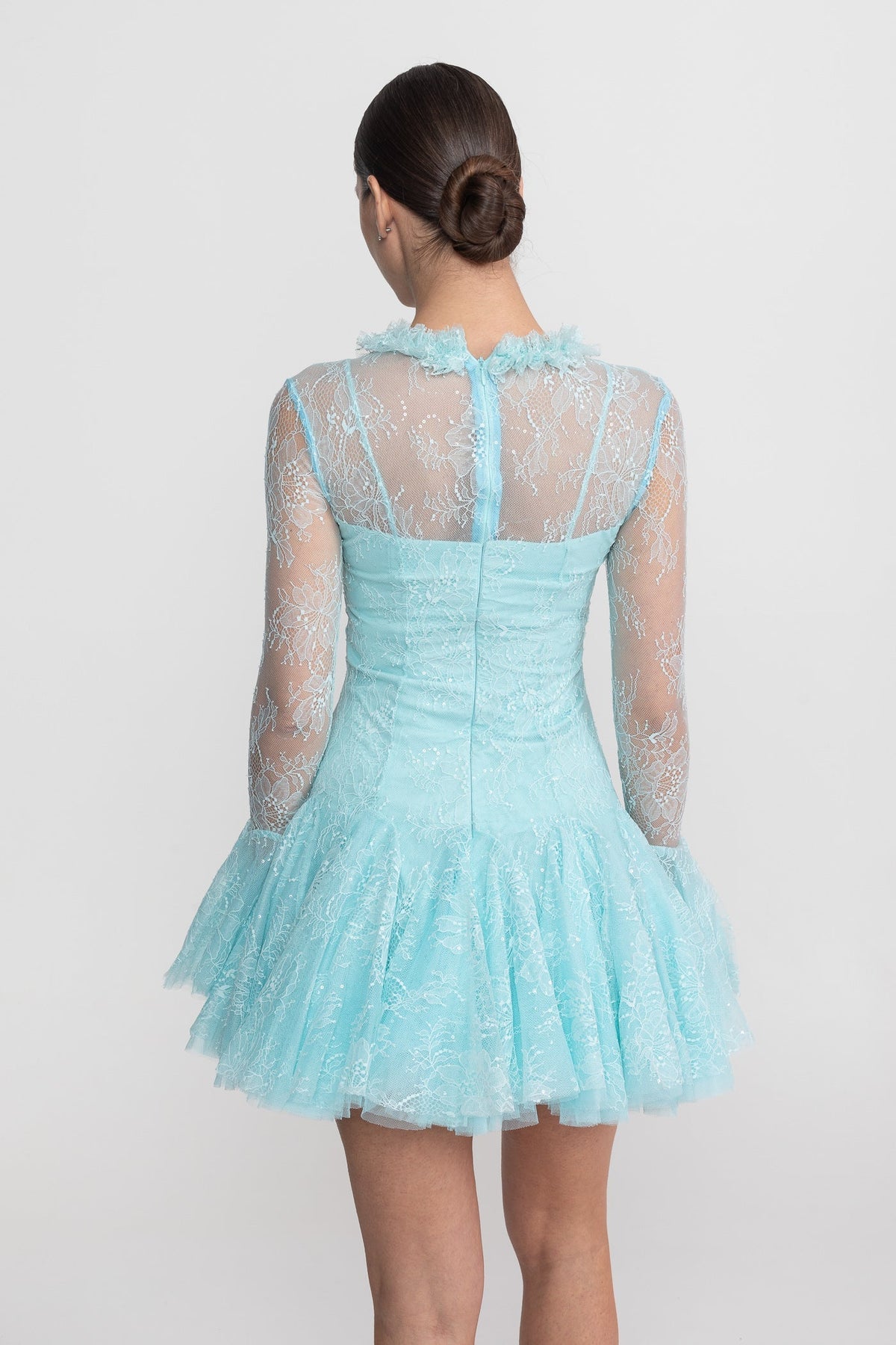 Sheer Lace High Neck Long Sleeve Mini Dress with Ruffled Hem – Teal – view 8