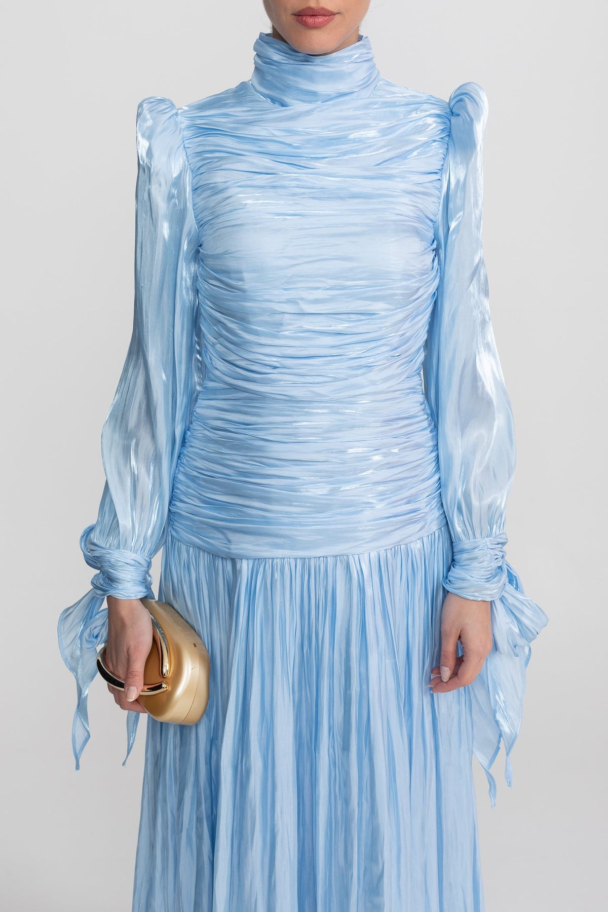 Ruched Mock Neck Long Sleeve Maxi Dress with Pleated Skirt – Sky Blue – view 5