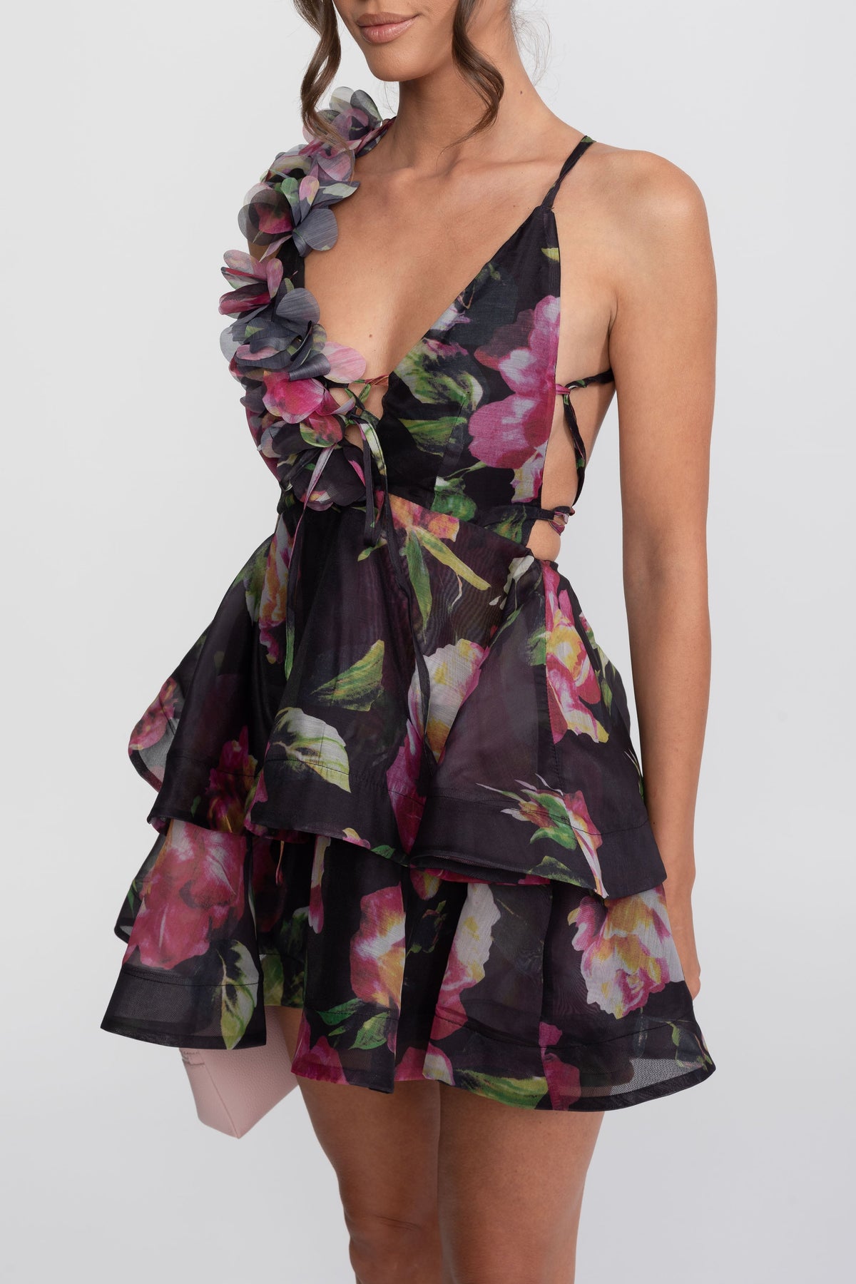 Floral Print Halter Neck Tiered Mini Dress with Rosette Strap – Black – view 4
