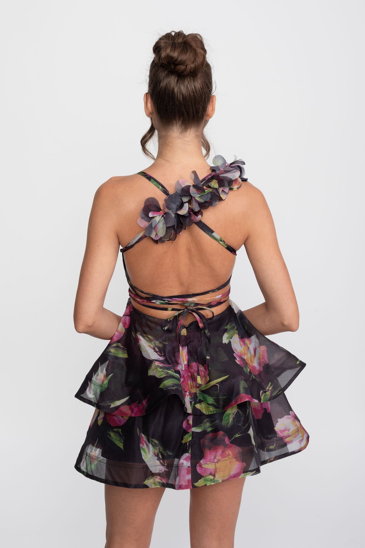 Floral Print Halter Neck Tiered Mini Dress with Rosette Strap – Black – view 5