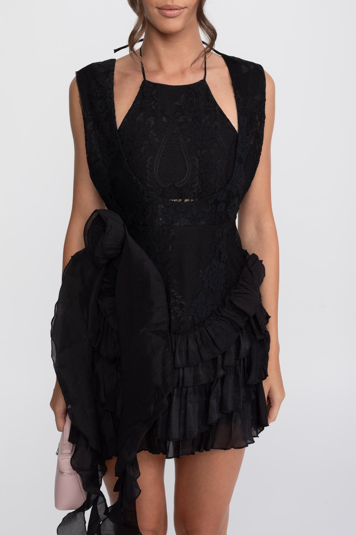 Lace Halter Rosette Mini Dress with Tiered Chiffon Ruffle Skirt – Black – view 6
