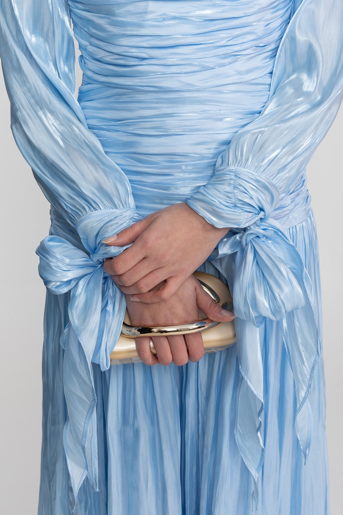 Ruched Mock Neck Long Sleeve Maxi Dress with Pleated Skirt – Sky Blue – view 6