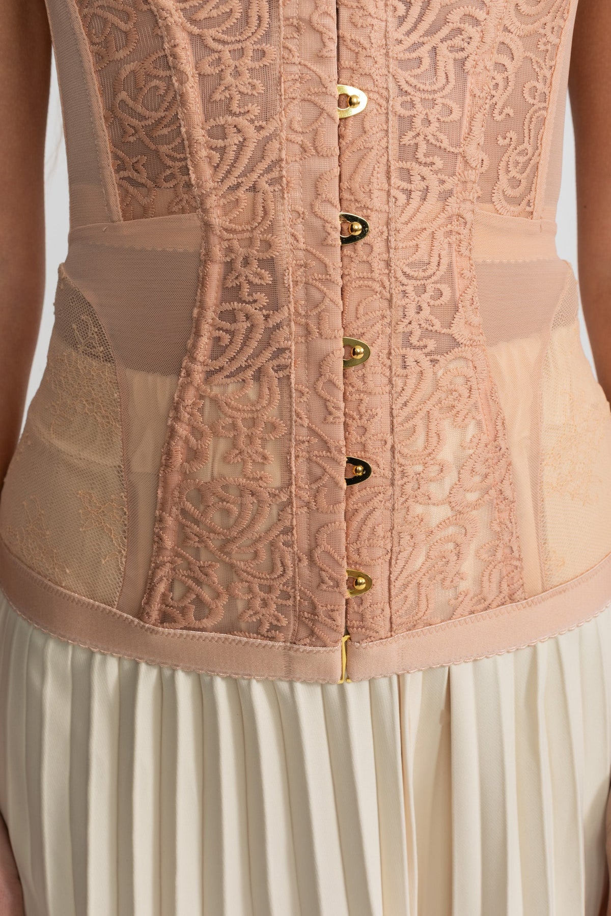 Embroidered Lace Strapless Corset Top with Boning – Nude – view 7