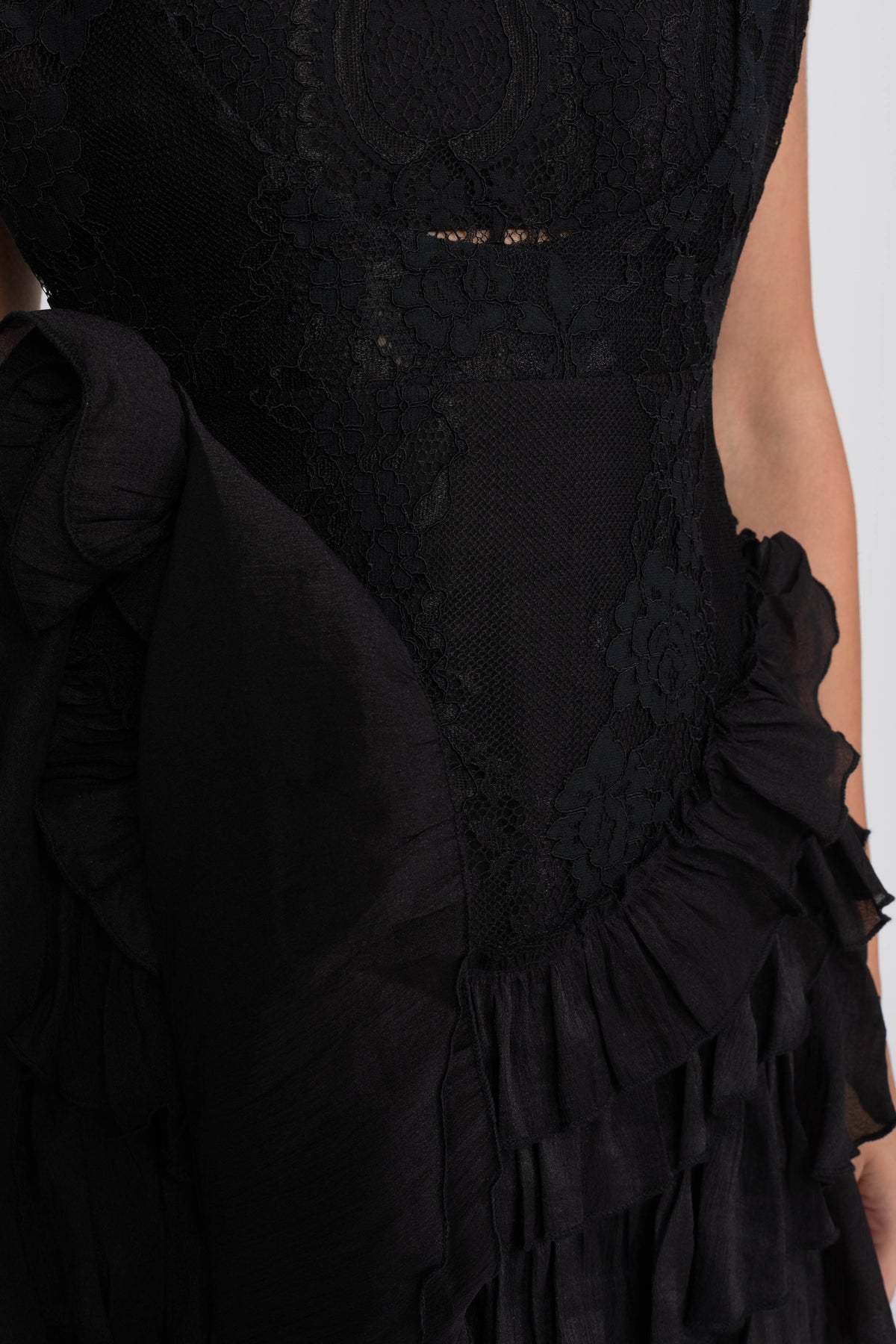 Lace Halter Rosette Mini Dress with Tiered Chiffon Ruffle Skirt – Black – view 9