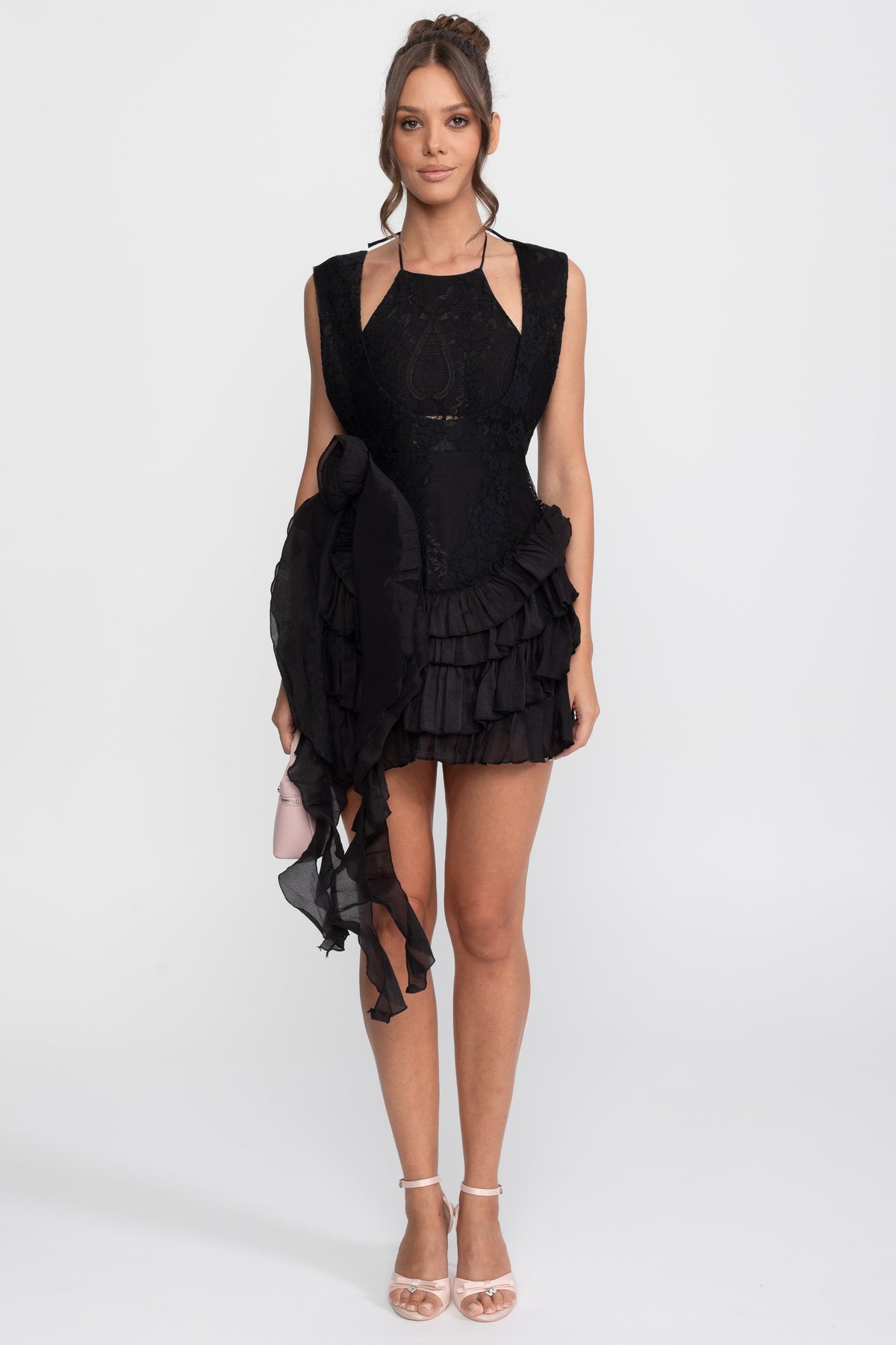 Lace Halter Rosette Mini Dress with Tiered Chiffon Ruffle Skirt – Black