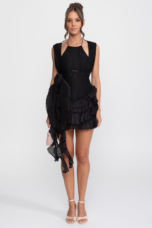 Lace Halter Rosette Mini Dress with Tiered Chiffon Ruffle Skirt – Black