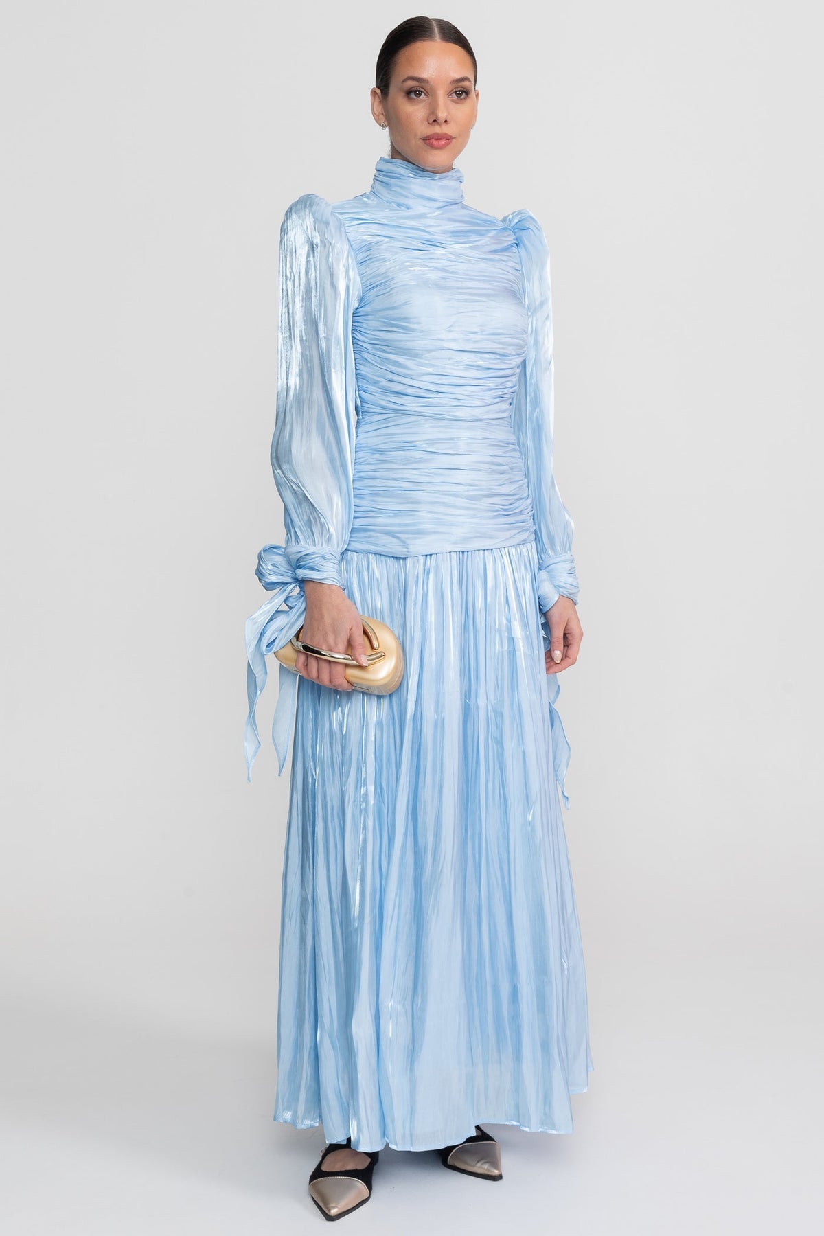 Ruched Mock Neck Long Sleeve Maxi Dress with Pleated Skirt – Sky Blue – view 3