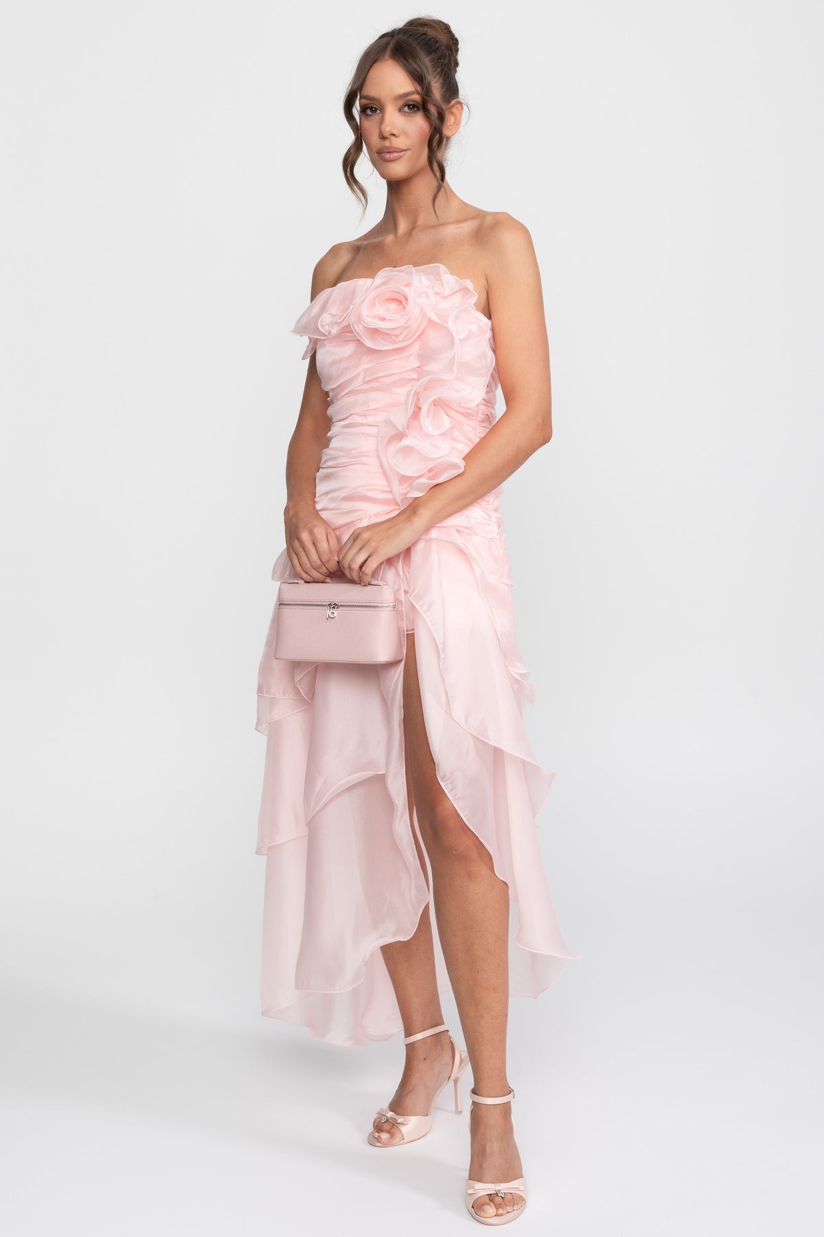 Strapless Satin Rosette Dress with Petal Hem and Front Slit – Pink – view 3