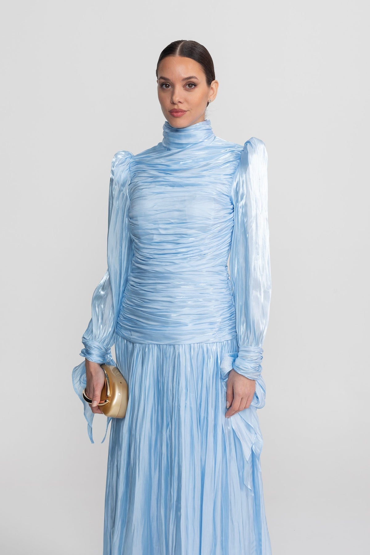 Ruched Mock Neck Long Sleeve Maxi Dress with Pleated Skirt – Sky Blue – view 4