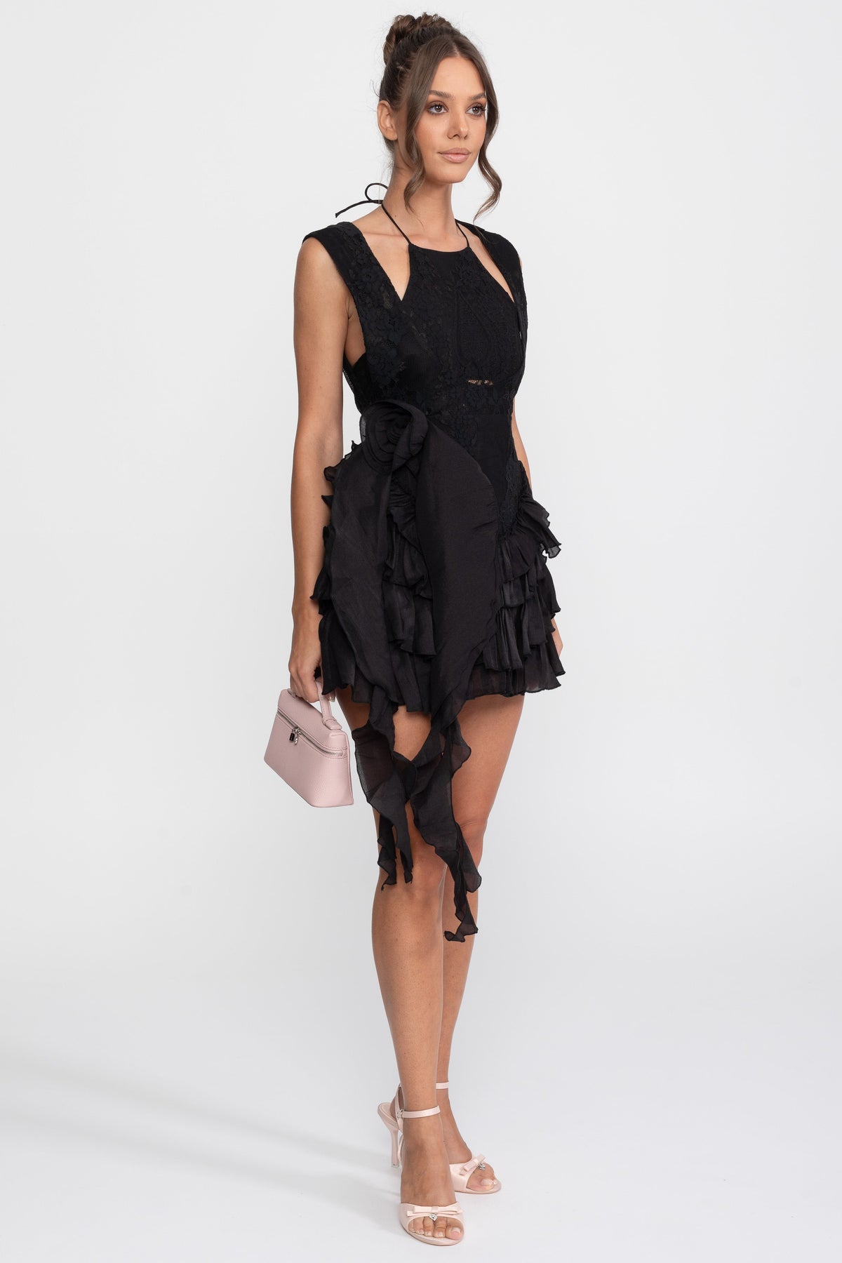 Lace Halter Rosette Mini Dress with Tiered Chiffon Ruffle Skirt – Black – view 2